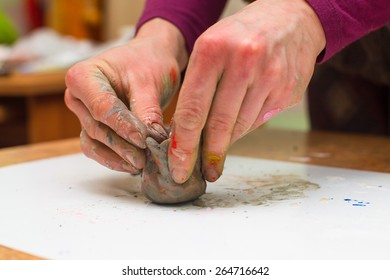 Hands Painter And Sculptor Stained With Clay And Paint. Children's Creativity And A Hobby For Adults. Modeling.