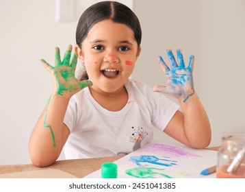 Hands, painting and portrait of girl with classroom, art and learning creative expression at kindergarten. Education, color and kid with drawing, sketch or artistic shape, handprint or canvas fun - Powered by Shutterstock