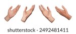 Hands, palms reaching out, stretching to something, isolated on white background, set..