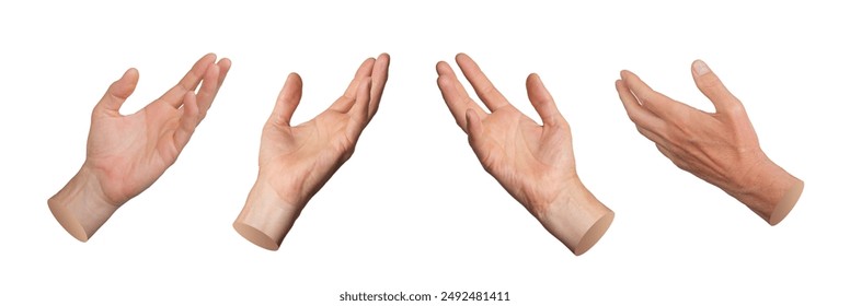 Hands, palms reaching out, stretching to something, isolated on white background, set..