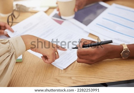 Hands, paperwork and signing contract in office for business deal, hiring or application form. Pointing, writing and signature on documents for agreement, hr onboarding or recruitment with women.