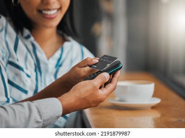 Hands Paying Bill With Credit Card Payment For Coffee Or Tea At Cafe, Coffee Shop Or Restaurant Close Up. Woman Making Cashless Purchase With Help And Assistance From Store Worker, Employee Or