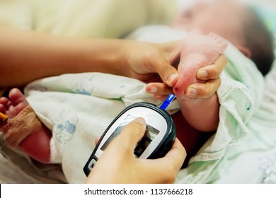 Hands Of Pediatric Nurse Hold And Using Blood And Glucose Meter With Sheet Check Touch On Sick Newborn Baby Blood And Foots To Checkup Glucose In His Blood At NICU Wards.