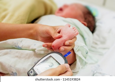 Hands Of Pediatric Nurse Hold And Using Blood And Glucose Meter With Sheet Check And Sick Newborn Baby Foots To Checkup Glucose In His Blood At NICU Wards.