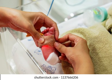 Hands Of Pediatric Nurse Using Medical Adhesive Plaster Stick And Strap To Measure Oxygen In The Blood And See The Oxygen Value For Organs On Crisis Newborn Baby Foots At NICU Wards In The Hospital.