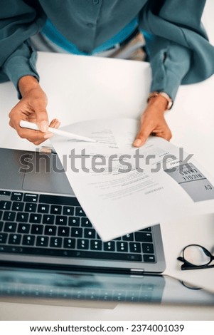 Hands, pen and human resources with resume, laptop with hiring and recruitment decision in workplace with top view. Person reading CV, employee choice and onboarding, job application and information