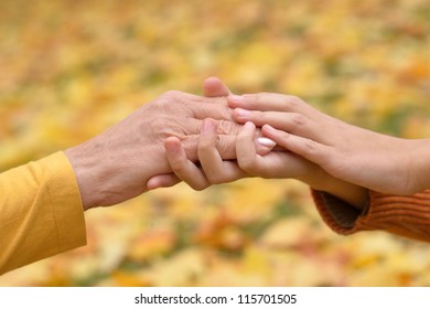 Hands Of People Of Different Ages In The Autumn Park