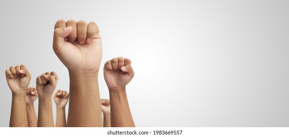 Hands Of People Raising Up In The Air Fighting For Their Rights. Concept Of Labor And Election Movement. Isolated Image On Gray Background With Copy Space For Text