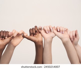 hands, people and support in studio with unity for community outreach, teamwork and solidarity in diversity. Collaboration, bonding and trust with synergy, campaign and closeup on white background