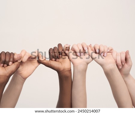 hands, people and support in studio with unity for community outreach, teamwork and solidarity in diversity. Collaboration, bonding and trust with synergy, campaign and closeup on white background