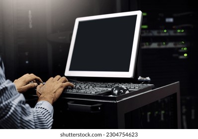 Hands, person or coding on computer in server room for big data, tech glitch or digital website at night. Support, hacker or technician typing testing UX screen, programming or software development