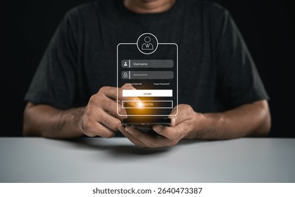 Hands of a person holding a smartphone with a login screen displaying fields for username and password in a dark background emphasizing digital security - Powered by Shutterstock - Get 15% off with code: PIKWIZARD15