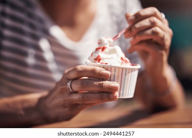Hands, person and ice cream serving with sorbet, restaurant and catering in summer for customer service. Frozen yoghurt, cup and sweet treat in outdoor by entrepreneur, shop owner and small business