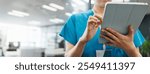 Hands, person and nurse for tablet at hospital of surgery schedule, healthcare research and medical records. Surgeon, scroll and digital of patient information, Telehealth and history report in Japan