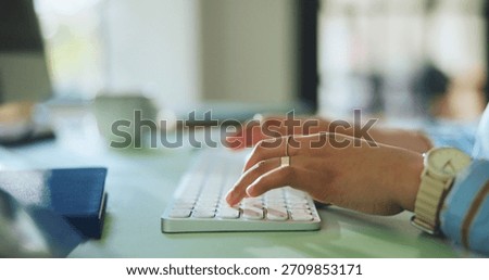 Hands, person and typing on computer in office for article draft, news report and or blog editing. Journalist, tech and keyboard at media agency for story research, fact checking submission and email