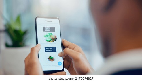 Hands, phone and man order food online with menu for dinner, meal or supper at home. Technology, restaurant and person scroll with cellphone screen on internet for gourmet dish for lunch at apartment - Powered by Shutterstock