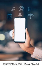 Hands, phone and mockup screen with icons at night for networking, social media or communication at the office. Hand of employee showing smartphone display for mobile app, branding or multimedia - Shutterstock ID 2269716251