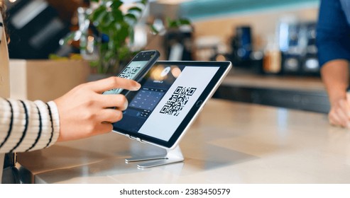 Hands, phone and qr code in coffee shop, payment and fintech app with pos, deal and services with scanning in store. People, smartphone and machine for point of sale, banking and barcode in cafeteria - Powered by Shutterstock