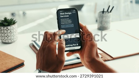 Hands, phone screen and scroll with web design at office, ui display and services at tech startup. Person, smartphone and user experience with review, mobile website or click on app at digital agency