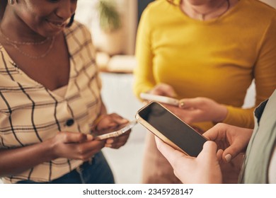 Hands, phone screen and women, typing in chat and friends relax at home, social media and communication. Technology, mobile app and online with internet search, people texting and email with network - Powered by Shutterstock