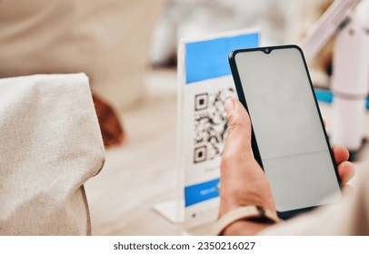 Hands, phone and store to scan qr code for payment, trading or cybersecurity with fintech, service or sale. Person, blank smartphone and mockup space for logo, promotion or branding in grocery shop