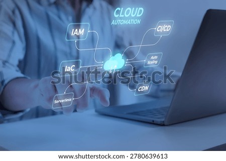 Hands physically touching a complex cloud automation network diagram including IAM, IaC, Serverless, CDN, and Auto Scaling on a futuristic augmented reality display. B2B concept for backend software engineering with cinematic blue lighting.
