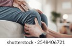 Hands, physiotherapist or person in rehabilitation for knee injury, assessment and orthopedic support. Physiotherapy, check or professional chiropractor in closeup for leg mobility or muscle recovery