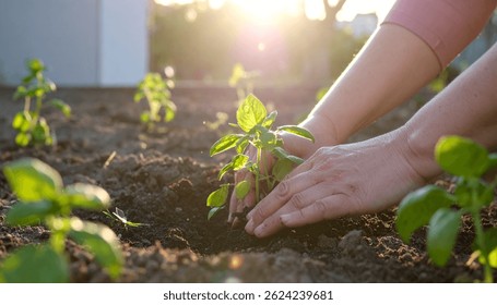 Manos Plantando Albahaca Plántulas en Cama de Jardín al Amanecer