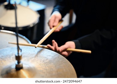 hands playing drum cymbals instrument music performance drummer rock jazz blues live event musician studio drumstick percussion rhythm  - Powered by Shutterstock