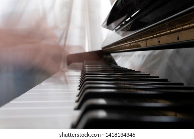 Hands Playing Piano While Moving Move Effect Close Up 