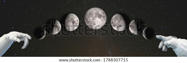 \
Hands point to the phases of the Moon: waxing\
crescent, first quarter, waxing gibbous, full moon, waning gibbous,\
third guarter, waning crescent, new moon. Elements of this image\
furnished by NASA.