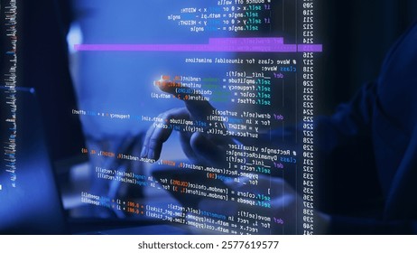 Hands pointing to fictional code in virtual space, representing interactive and immersive approach to developing innovative digital solutions. Concept of IT solutions, applications, innovation. Ad