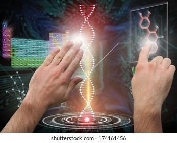 Hands pointing and presenting against shiny key on black circuit board background