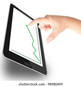 Hands pointing to tablet PC with chart on screen isolated on white background