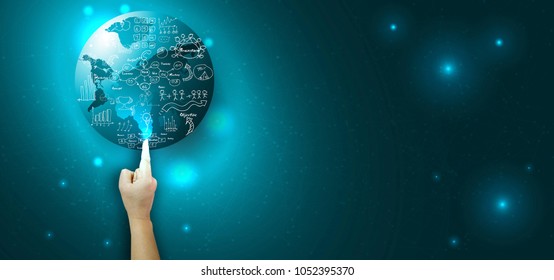Hands pointing - World map Creative drawing chart and graphs business plan- modern Idea and Concept Vector illustration.