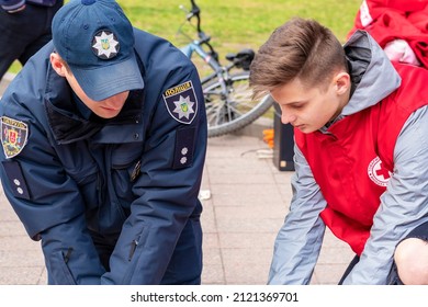 Hands Of A Policeman On A Mannequin During An Exercise Of Resuscitation. CPR First Aid Training Concept.Urgent Care.Vinnitsa. Ukraine. 04.05.2019. 