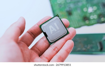 Hands positioning an AI processor on a green motherboard, symbolizing artificial intelligence hardware integration and development. Ai chip.