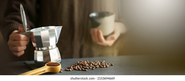 Hands Pouring Coffee From Mocha Pot, Coffee And Nature