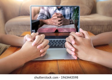 Hands Praying Of  Christian With Computer Laptop, Online Live Church For Sunday Service, Home Church During Quarantine Coronavirus Covid-19