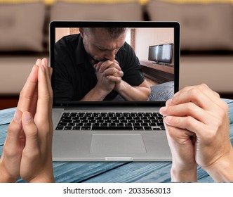 Hands Praying Of Christian With Computer Laptop, Online Live Church