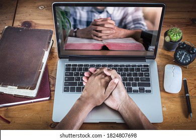 Hands Praying With Computer Laptop, Online Live Church For Sunday Service, Home Church During Quarantine Coronavirus Covid-19, Religion Concept