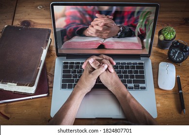 Hands Praying On Computer Laptop, Online Church For Cell Group, Home Church During Quarantine Coronavirus Covid-19, Religion Concept