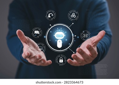 Hands presenting an AI assistant interface with chatbot, automation, analytics, cybersecurity, cloud computing, machine learning, business intelligence, digital transformation, and smart technology.