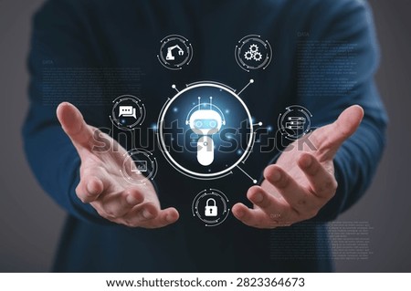 Hands presenting an AI assistant interface with chatbot, automation, analytics, cybersecurity, cloud computing, machine learning, business intelligence, digital transformation, and smart technology.