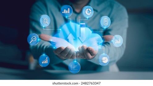 Hands presenting cloud computing icons representing big data, analytics, and digital information management in a high-tech environment