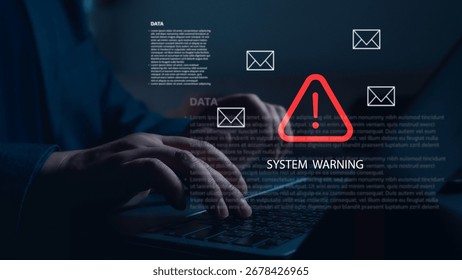 Hands of programmer receiving system warning with red exclamation mark triangle and email icons while typing on laptop keyboard in dark environment