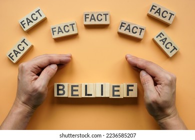 Hands protect the inscription belief from the blocks with the inscription fact. Bias concept. - Shutterstock ID 2236585207