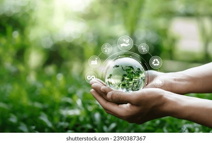 Hands protection globe on nature background with icon Environmental, renewable, sustainable energy, CO2, net zero, and ESG concept for low or neutral carbon. Ecology and Environment concept  - Powered by Shutterstock