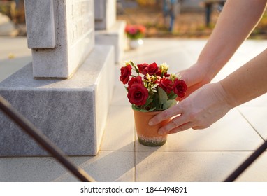 hands put a pot of artificial flowers near the monument in the cemetery. parents Saturday in Russia. cleaning the cemetery. memory of our ancestors.