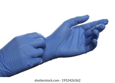 Hands Putting On Medical Gloves, Isolated On White Background